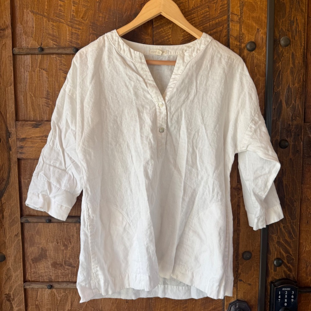 Eileen Fisher Organic Linen Tunic Top White Button V-Neck 3/4 Sleeve XS